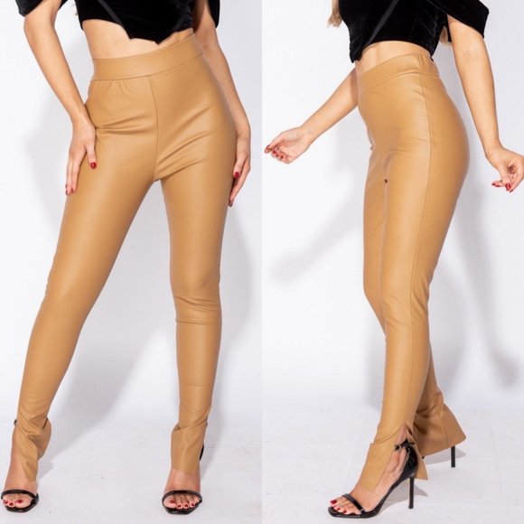 Pants - Nude Vegan Leather Faux Leather High Waist Split Hem Skinny Pants